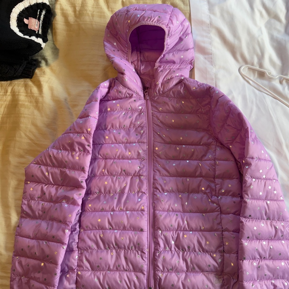 Gap Kids Lightweight Puffer Jacket Girls Large Purple Star Print Hooded